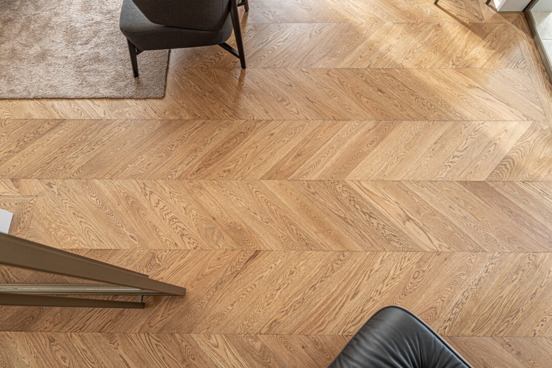 Bovenaanzicht Hongaarse Punt vloer van Cinzento Custom Made